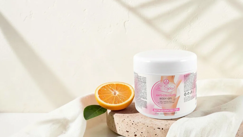 Le’Spa anti-cellulite gel on travertine with an orange and a linen cloth