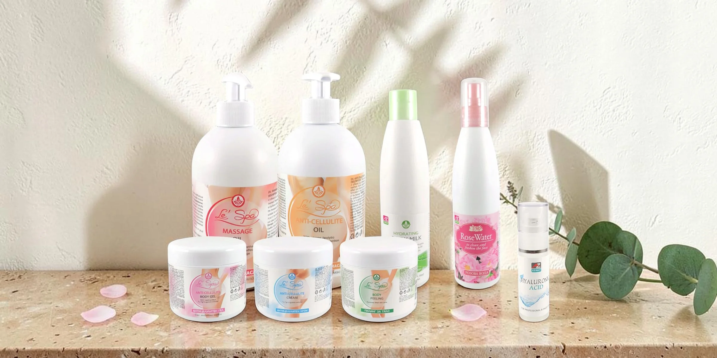 The Le’Spa collection — oils, gels, creams, body milk, rose water and hyaluronic acid