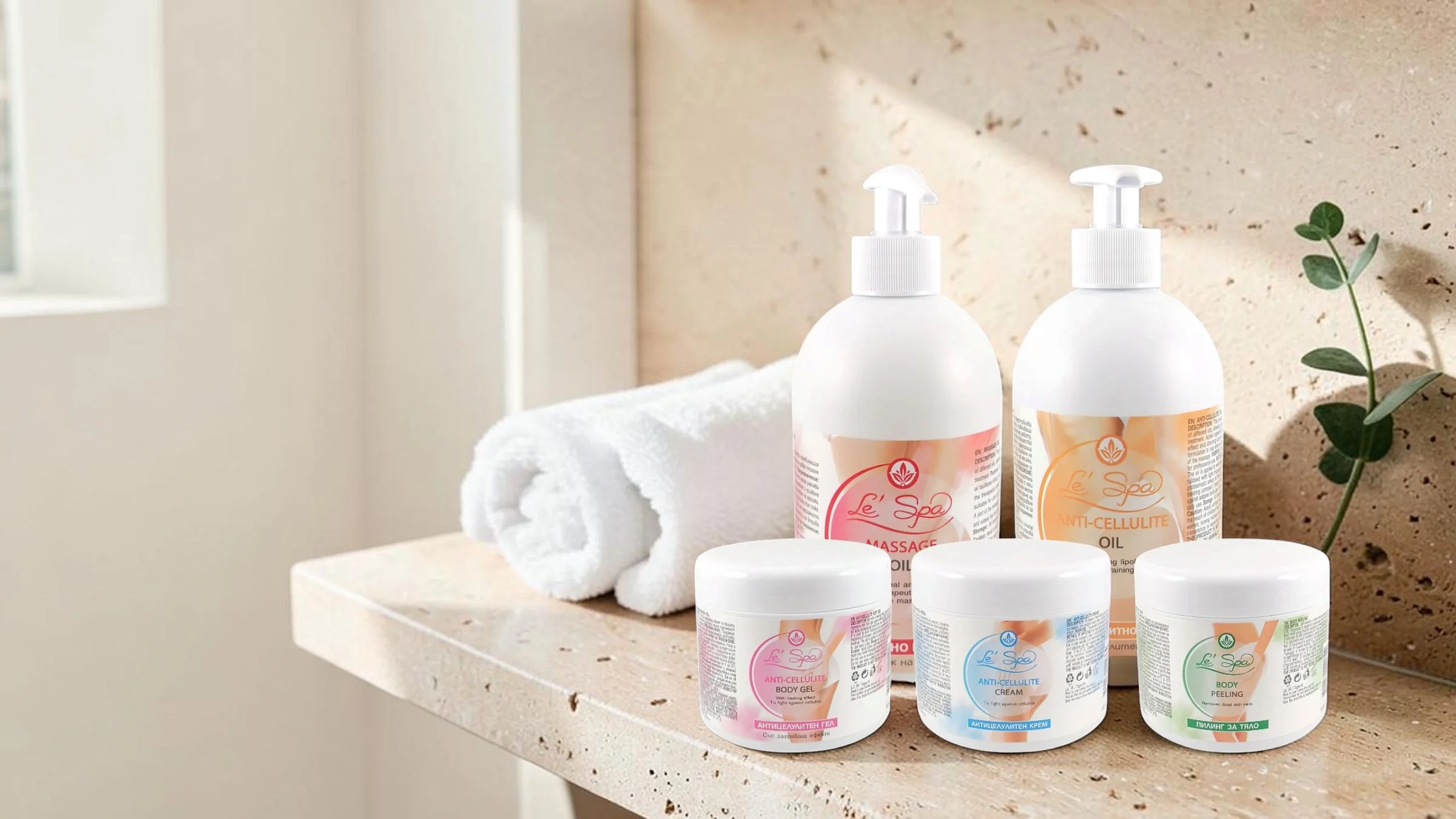 The Le’Spa professional line on a shelf in a spa treatment room