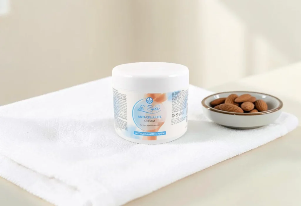 Le’Spa anti-cellulite cream on a white towel with almonds