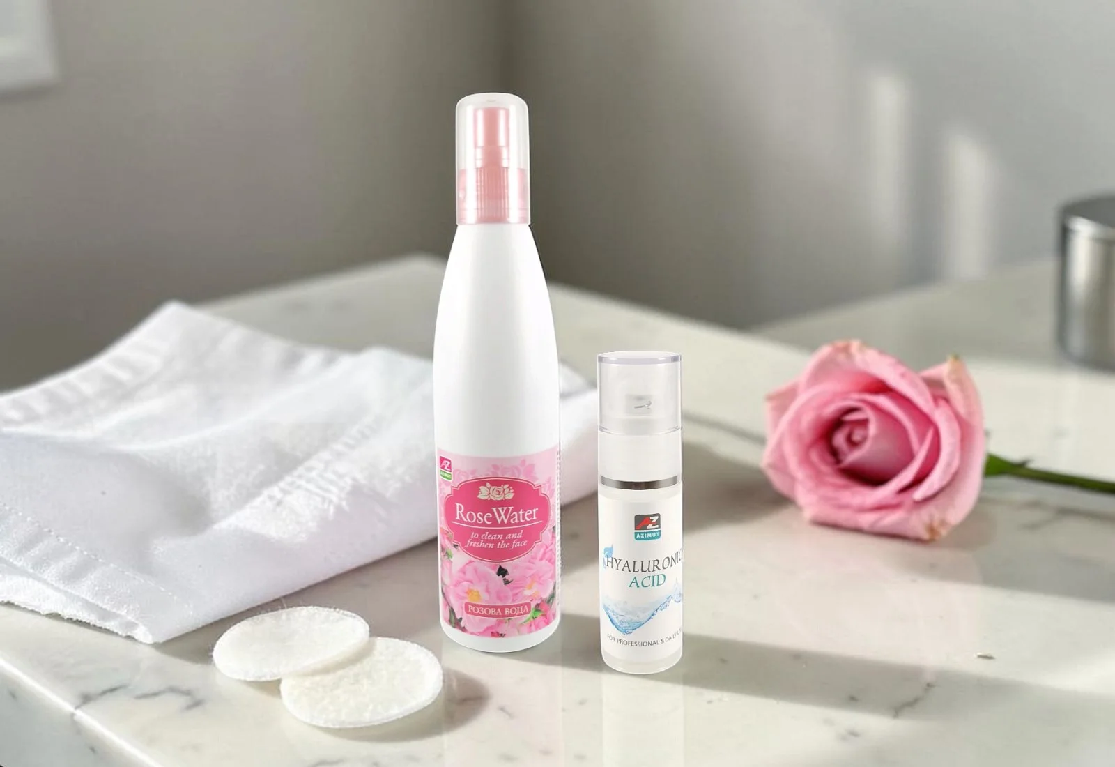 Le’Spa rose water and hyaluronic acid on a marble dressing table